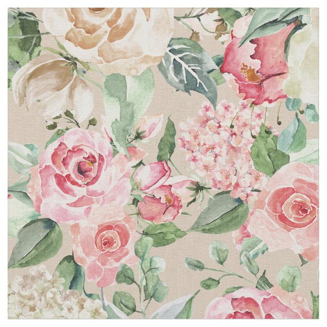 Moderner rustikaler Creme-Rosen-Rosa Watercolor Stoff (Nahaufnahme)