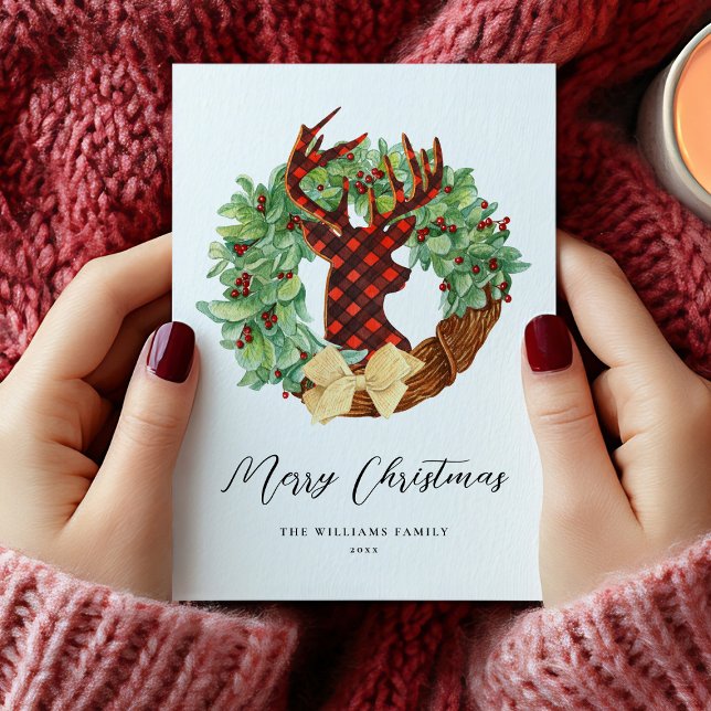 Moderner Rustikaler Hirschrecken ohne Foto Feiertagskarte (Modern Rustic Deer Christmas Wreath Holiday Card)