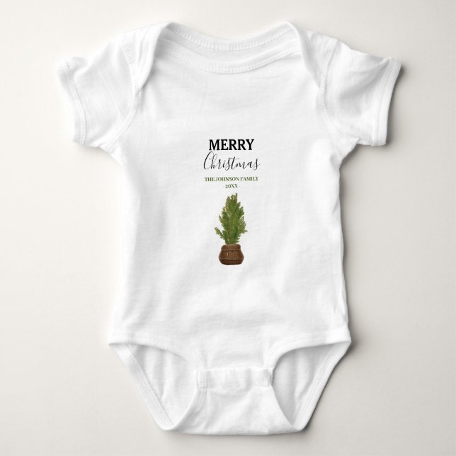 Moderner Rustikaler Weihnachtsbaum Urlaub Baby Strampler (Vorderseite)