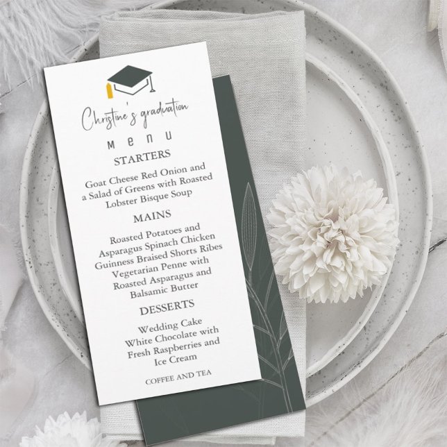 Moderner Sage Green Background Abschluss Menükarte (Modern handwritten calligraphy font and dark sage green background Graduation Menu #graduation)