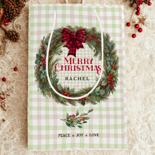 Moderner Sage Green Kariert Bauernhof Weihnachtskr Mittlere Geschenktüte