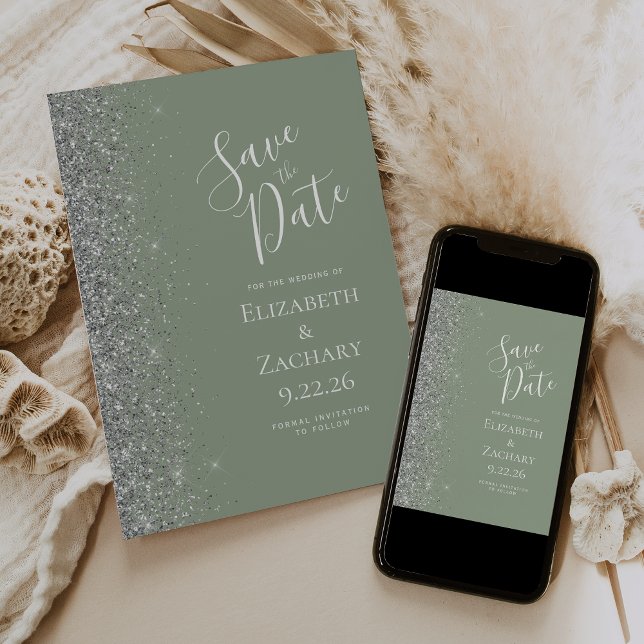 Moderner Sage Green Silver Glitzer Save the Date Ankündigung (Von Creator hochgeladen)