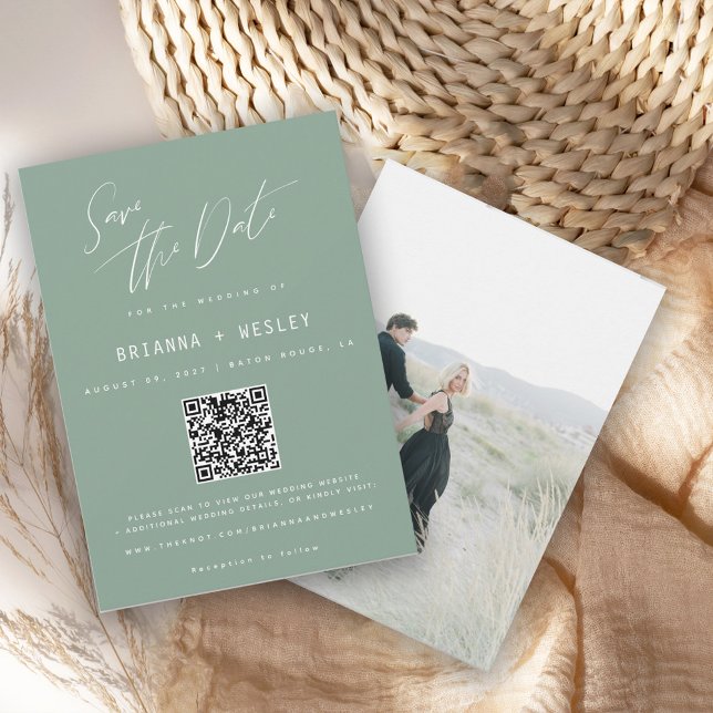 Moderner Salbeigrüner QR-Code-Foto-Save-the-Date Save The Date (Von Creator hochgeladen)