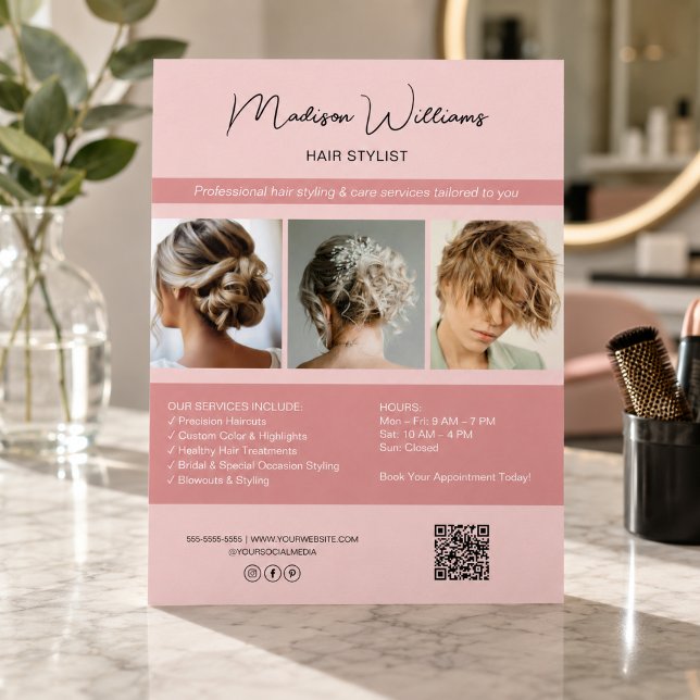 Moderner Salon Hair Stylist Services QR Pink Flyer (Modern Salon Hair Stylist Services QR Pink Flyer)