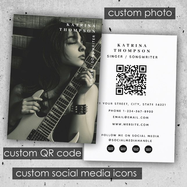 Moderner Sängermusiker Foto Gitarrist QR Code Visitenkarte (Modern Singer Musician Photo Guitarist QR Code Business Card)