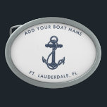 Moderner Schiffsname Navy Blue Anchor Custom Ovale Gürtelschnalle<br><div class="desc">Geben Sie Ihren Namen und die Position Ihres Bootes oder Kapitäns ein, indem Sie auf "Personalisieren" klicken. Set-Segel im Stil mit unserem maßgeschneiderten nautischen Segelschiff, der ultimativen Begleiter für Ihre maritimen Abenteuer. Dieser Gürtelschnalle besticht durch ein niedliches Design, das von den Wunder des Ozeans inspiriert ist und klassische maritime Motive...</div>