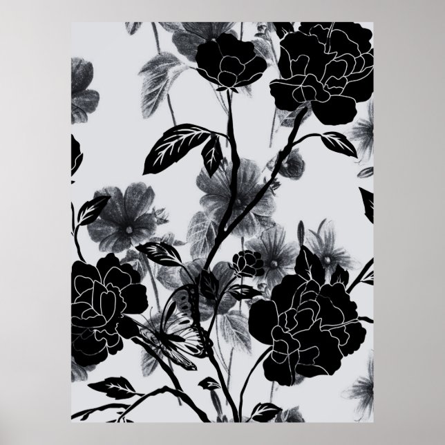 Moderner Schmetterling Floral Noir Poster (Vorne)
