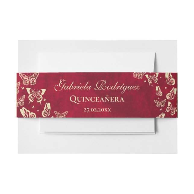 Moderner Schmetterling Gold Red Quinceañera 15 Jah Einladungsbanderole (Vorderseite Beispiel)