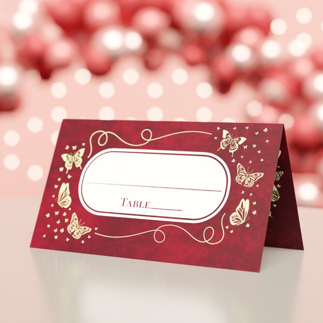 Moderner Schmetterling Gold Red Quinceañera 15 Jah Platzkarte (Modern Butterfly Gold red Quinceañera 15 Years Old Place Card)