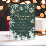 Moderner Schneeflockenpiefer - grüner Winter Weihn Einladung<br><div class="desc">Ein moderner Winterurlaub Weihnachten Gold Glitzer,  Silber und Weiß Schneeflocken Illustration auf bearbeitbarem Waldgrün Hintergrund,  alle Illustrationen Farbe sind bearbeitbar,  um Ihre eigene Farbpalette mit weißen Kiefernästen auf waldgrünem Hintergrund mit einer eleganten Schrifttyp.</div>