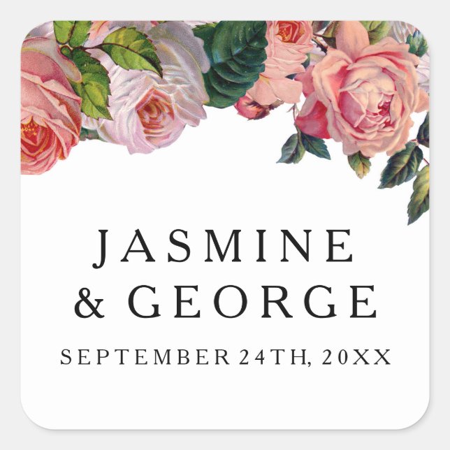 MODERNER Schriftart mit Vintagen Rose Blumenstrauß Quadratischer Aufkleber (Vorderseite)