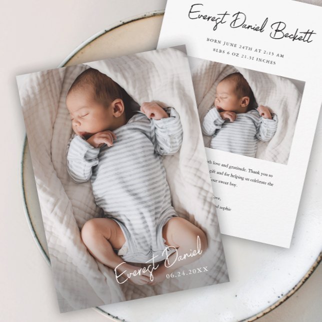 Moderner Schriftname Foto Baby  Dankeskarte (Simple Script Photo Baby Thank You Cards.)