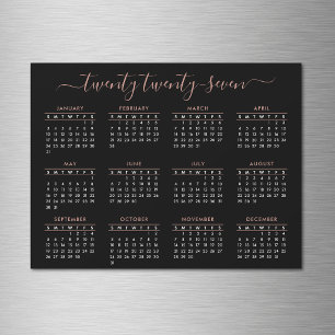 Moderner Schriftzug Black Rose Gold 2027 Kalender Magnetkarte