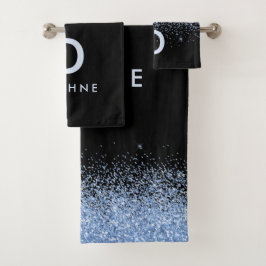 Moderner Schwarz-Blau-Glitzer-Initial-Monogramm-Ta Badhandtuch Set