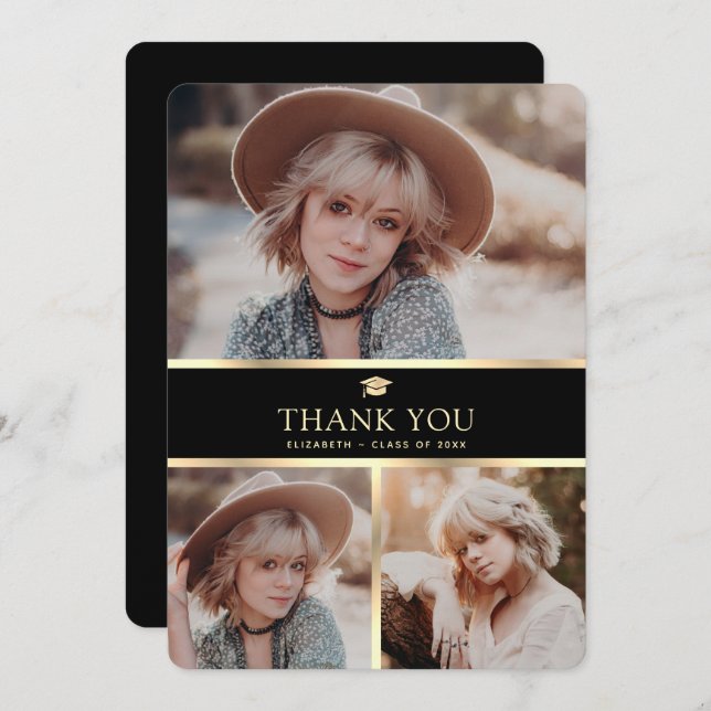 Moderner Schwarz-Gold-3-Foto-Abschluss Dankeskarte (Vorne/Hinten)