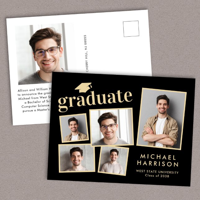 Moderner Schwarz-Gold-Abschluss für FotoCollage Ankündigungspostkarte (Cherish the milestone: share your graduate's achievement with a custom photo graduation announcement)
