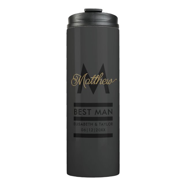 Moderner Schwarz-Gold-Add-Name und Monogram-Trauze Thermosbecher (Vorderseite)