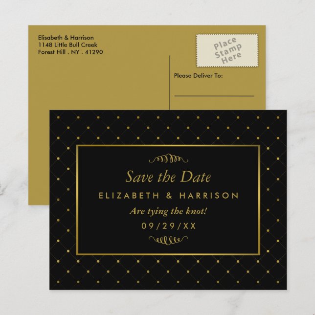 Moderner Schwarz-Gold-Foil-Effekt Save the Date Ankündigungspostkarte (Vorne/Hinten)