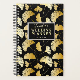 Moderner Schwarz & Gold Ginkgo Muster Hochzeitspla Planer