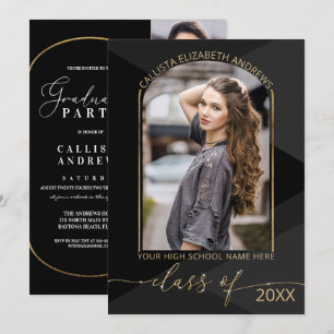 Moderner Schwarz-Grau-Geometrisches Foto Abschluss Einladung