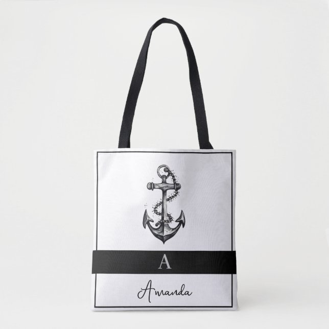 Moderner Schwarz-Grau-Nautik-Anker monogramiert (Vorderseite)