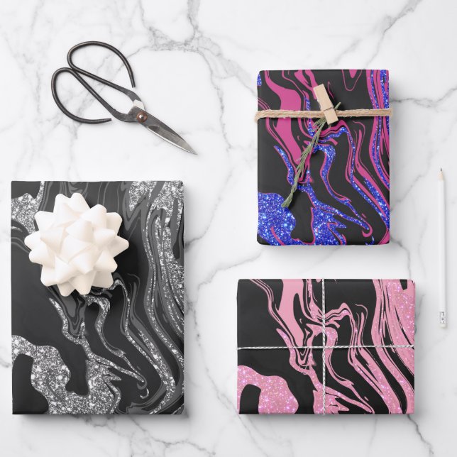 Moderner Schwarz-Grau-Silbermor-Glitzer Geschenkpapier Set (Vorderseite)