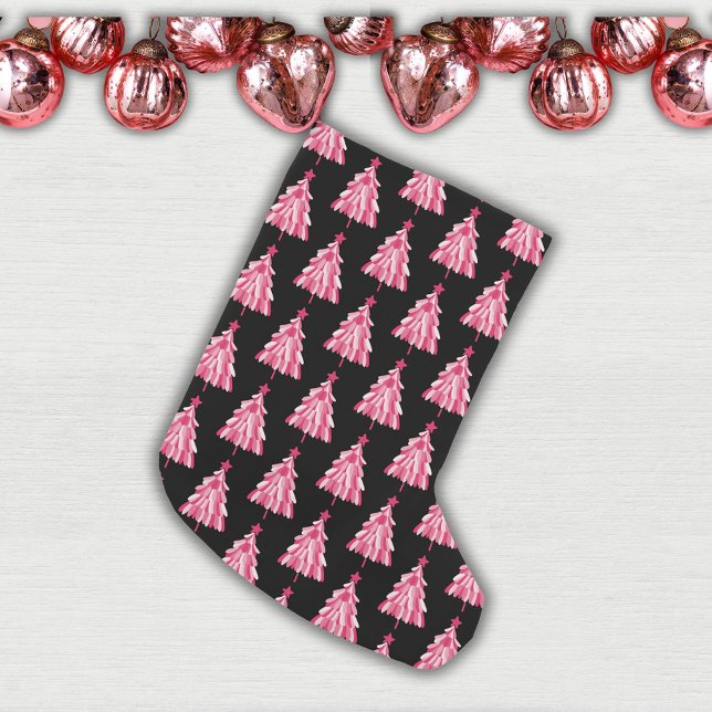 Moderner Schwarz-Rosa-Wald Weihnachtsbaum Kleiner Weihnachtsstrumpf (Modern pink and black Christmas tree woodland forest pattern Christmas Stocking)