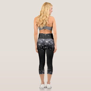 Moderner Schwarz-Silber-Glitzer Capri Leggings