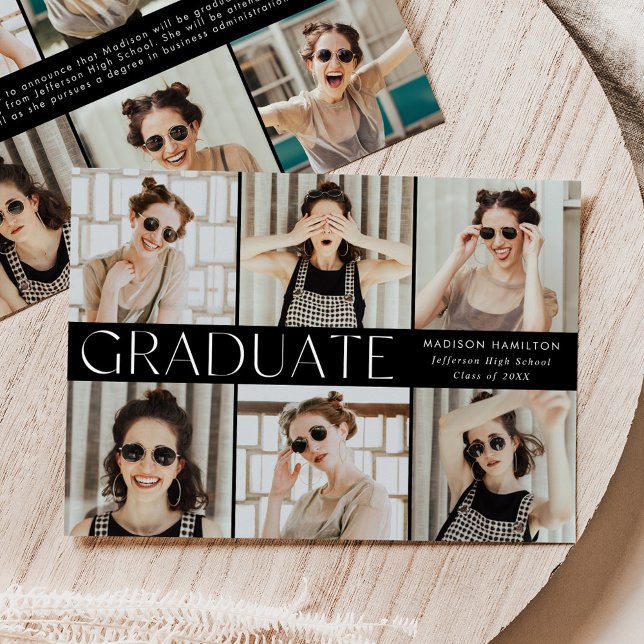 Moderner Schwarz-Weiß-12-Foto-Abschluss Ankündigung (Von Creator hochgeladen)