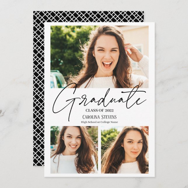 Moderner Schwarz-Weiß-Abschluss mit 3 Fotos Ankündigung (Vorne/Hinten)