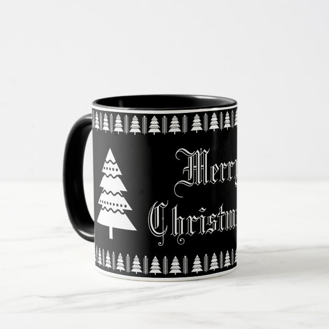 Moderner Schwarz-Weiß-frohe Weihnachtsbaum Tasse (Vorderseite Links)