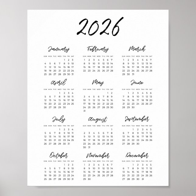 Moderner Schwarz-Weiß-Kalender 2025 Poster (Vorne)