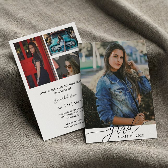 Moderner Schwarz-Weiß-Minimalistischer 4-Foto-Absc Einladung (Modern Black and White Minimalist 4 Photo High School or College Graduation Party Invitation )