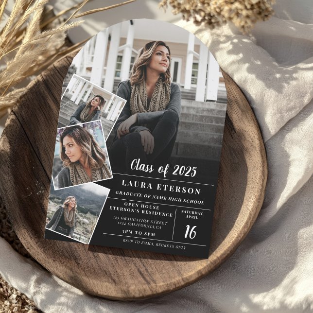 Moderner Schwarz-weiß minimalistischer 5-Foto-Absc Einladung (Modern black white minimalist 5 photo graduation invitation)