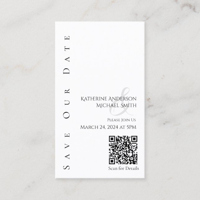 Moderner, schwarz-weiß Save the Date QR-Code- Visitenkarte (Vorderseite)