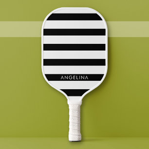 Moderner Schwarz-Weiß-Streifen-Individuelle Name Pickleball Schläger