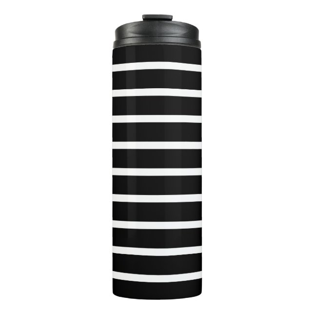 Moderner Schwarz-Weiß-Streifen Thermosbecher (Vorderseite)