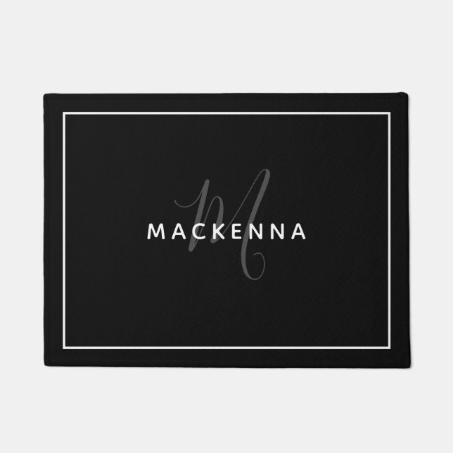 Moderner Schwarz-weißer eleganter Monogrammname Fußmatte (Vorderseite)