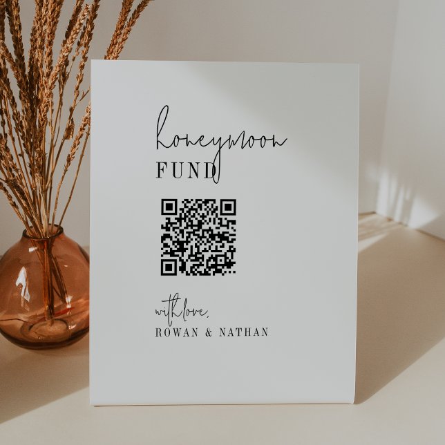 Moderner Schwarz-weißer QR-Code Honeymoon Fund Sockelschild (Von Creator hochgeladen)