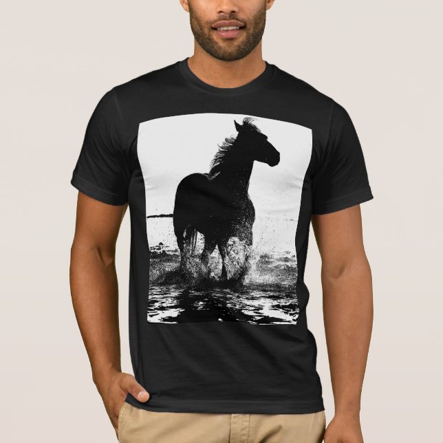 Moderner Schwarz-weißer Running Horse Pop Kunst T-Shirt (Vorderseite)