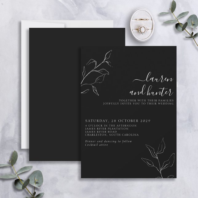 Moderner Schwarz-weißer Script Botanical Wedding I Einladung (Von Creator hochgeladen)