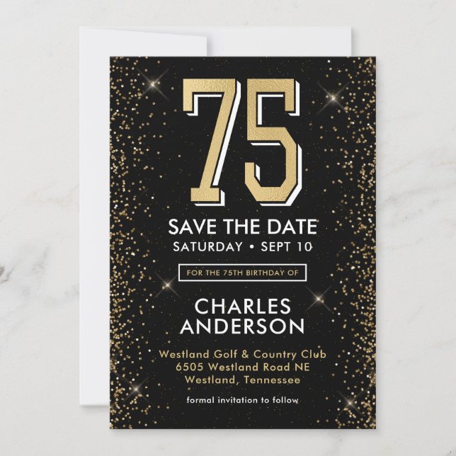Moderner schwarzer 75. Geburtstag  Save The Date (Vorderseite)