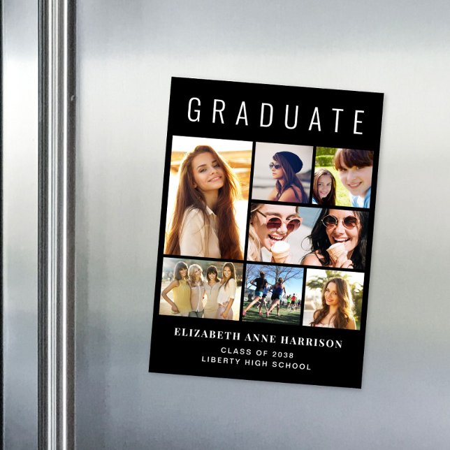 Moderner Schwarzer Abschluss Magneteinladung (Modern Photo Collage Black Graduation Magnetic Announcement)