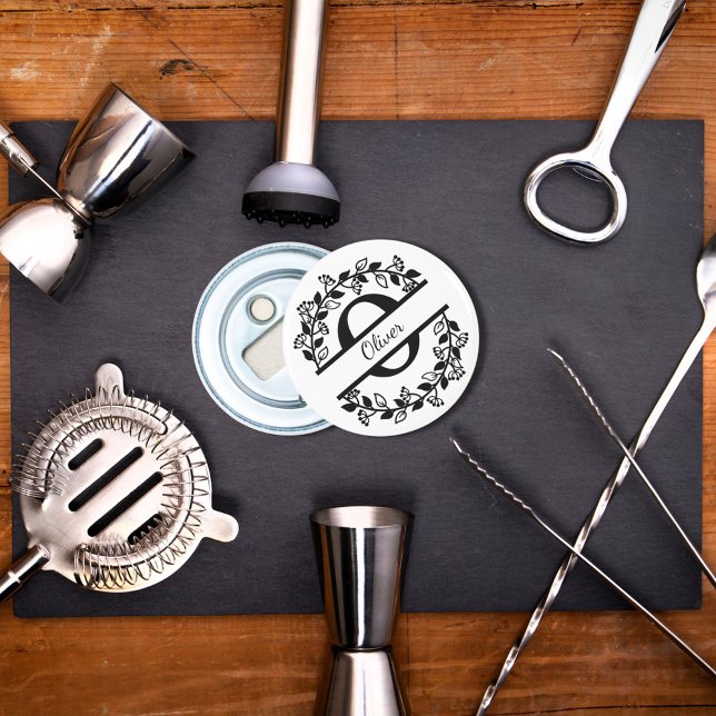 Moderner schwarzer Blumenkranz geteilter Monogramm Flaschenöffner (Von Creator hochgeladen)