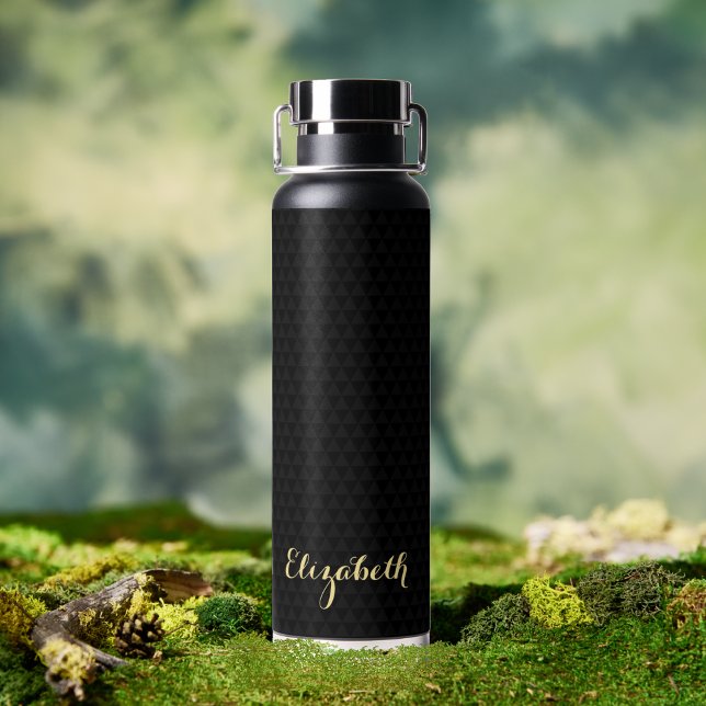 Moderner Schwarzer Eleganter Individuelle Name Trinkflasche (Modern Black Elegant Gold Script Chic Custom Name Water Bottle)