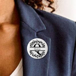 Moderner schwarzer floraler Kranz geteilter Monogr Button