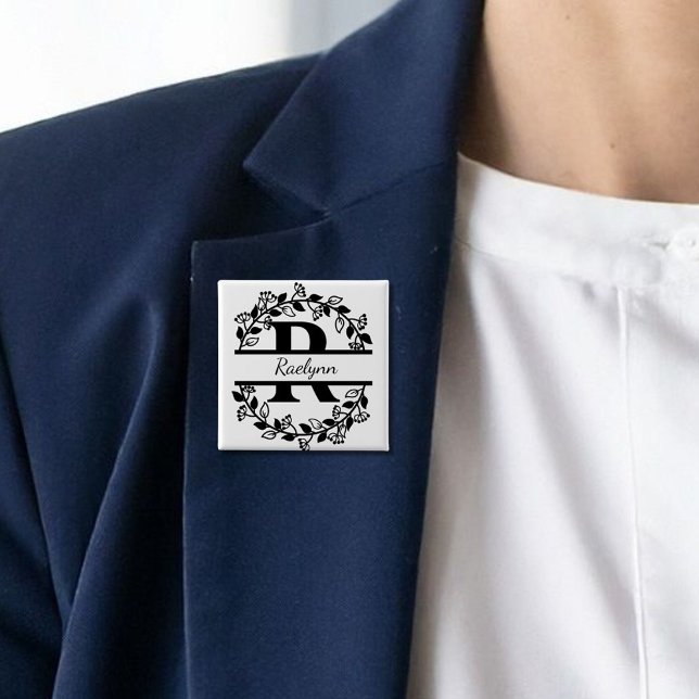 Moderner schwarzer floraler Kranz geteilter Monogr Button (Von Creator hochgeladen)