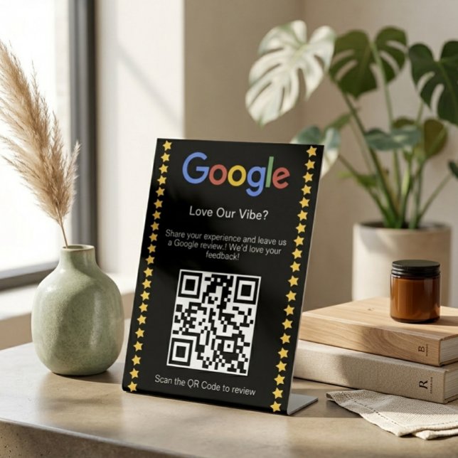 Moderner schwarzer Fünf-Sterne-Google-Review-QR-Co Sockelschild (Von Creator hochgeladen)