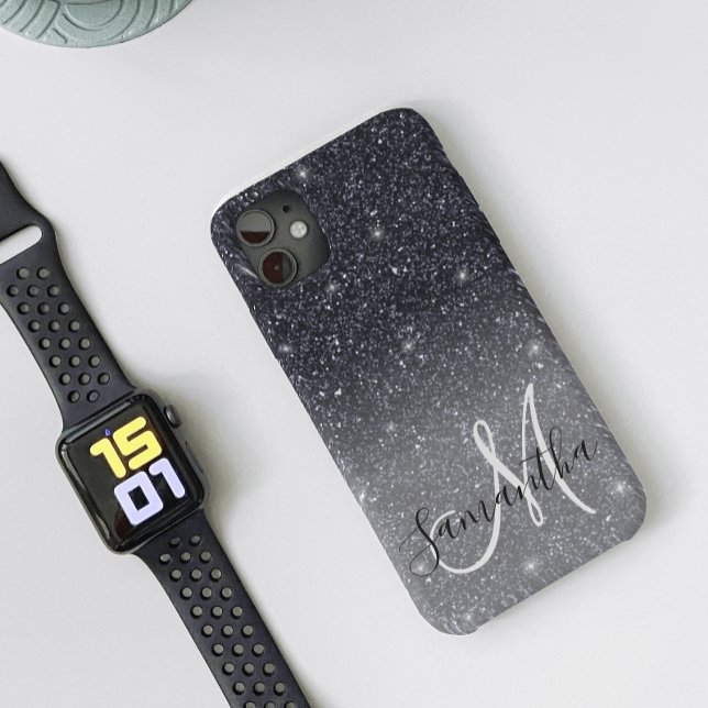 Moderner Schwarzer Glitzer Glitzern Personalisiert Case-Mate iPhone Hülle (Von Creator hochgeladen)