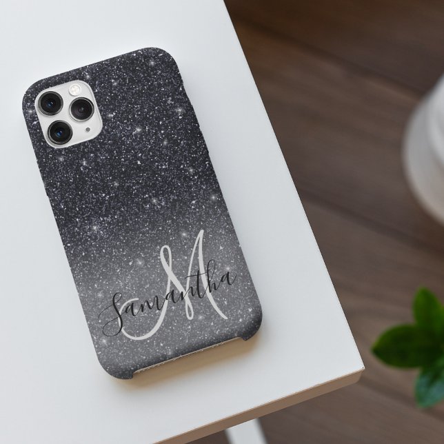 Moderner Schwarzer Glitzer Glitzern Personalisiert iPhone Hülle (Von Creator hochgeladen)